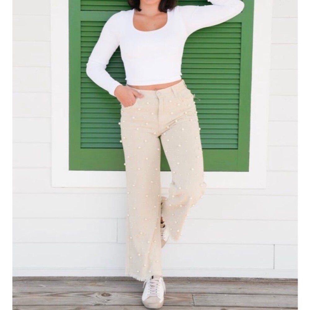 POL pants pol jeans PEARLS NEW  womens small 2/4 SAND BEIGE jeans boho bohemian